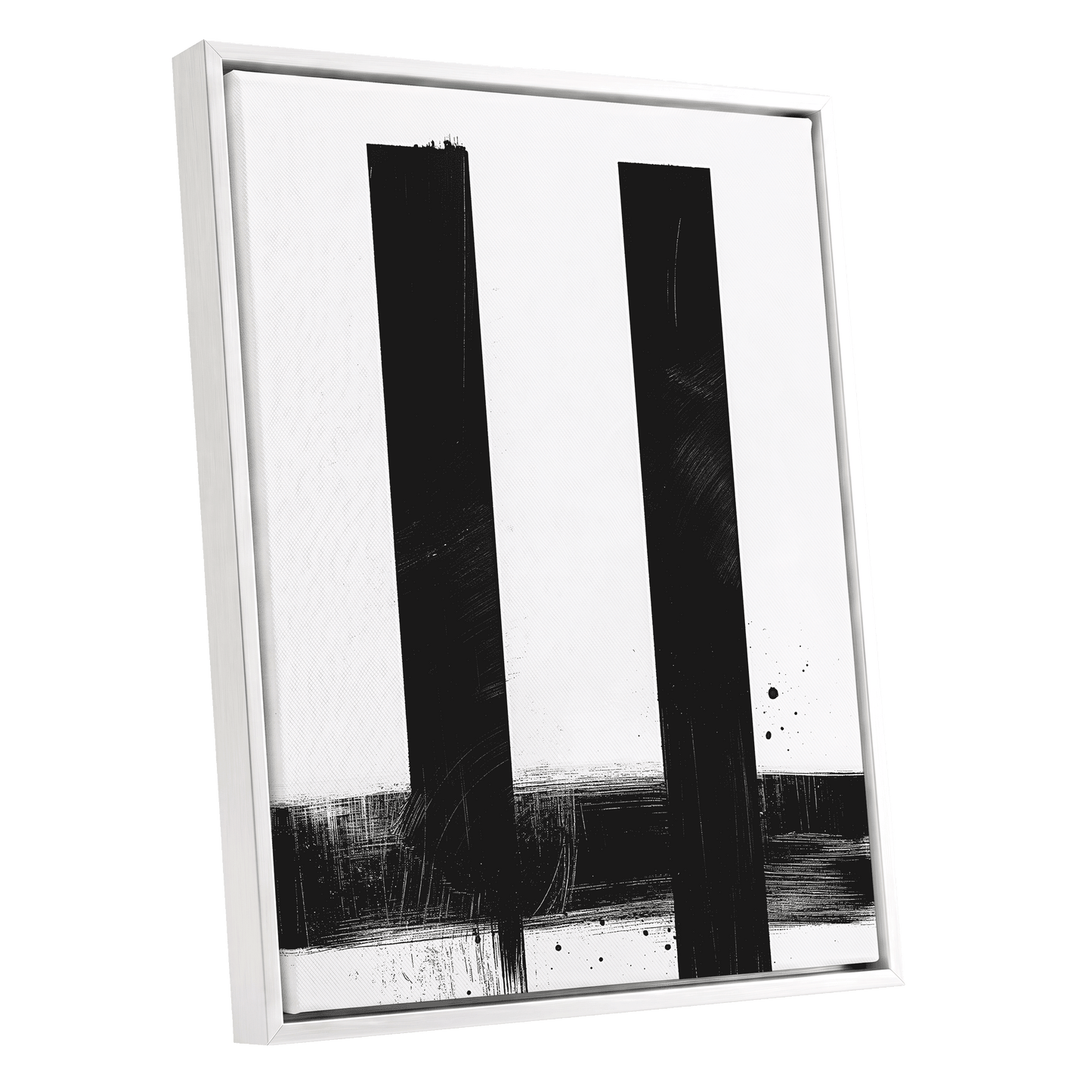 Twin Vertical Silence, black, white minimalist wall art shown as a white framed canvas wall art