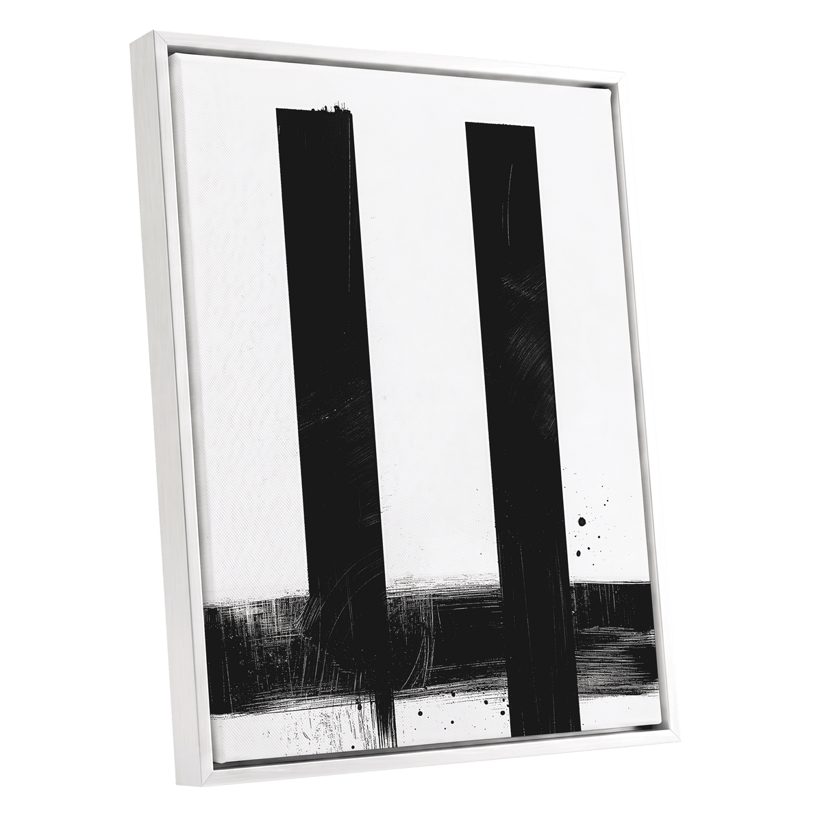 Twin Vertical Silence, black, white minimalist wall art shown as a white framed canvas wall art