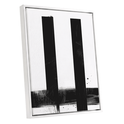 Twin Vertical Silence, black, white minimalist wall art shown as a white framed canvas wall art