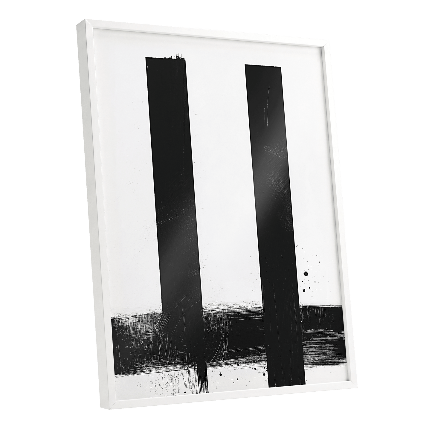 Twin Vertical Silence, black, white minimalist wall art shown as a white framed poster wall art print