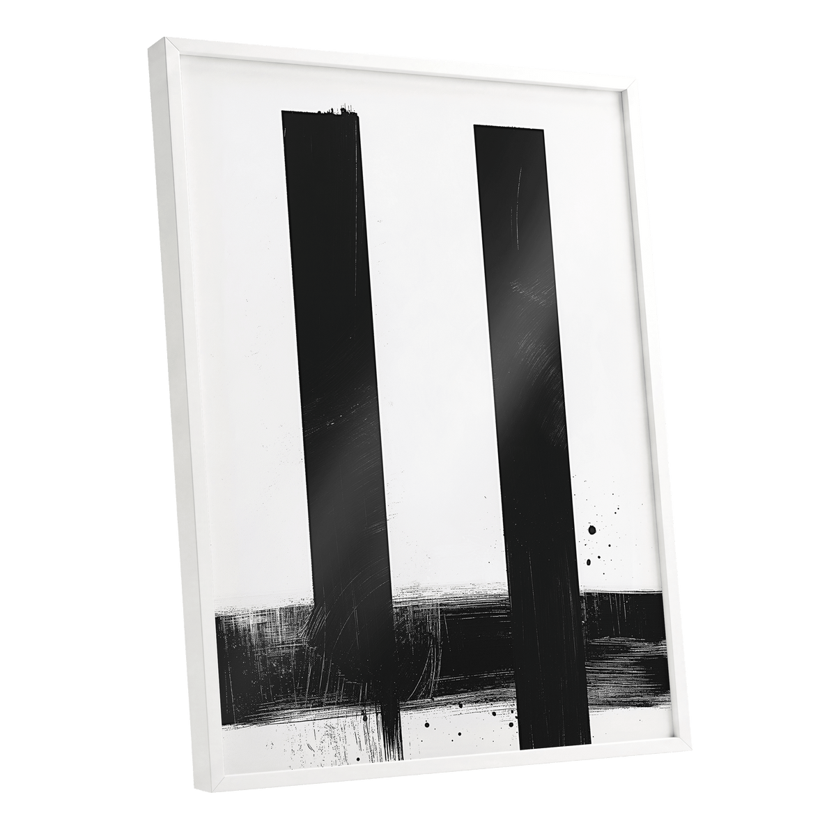Twin Vertical Silence, black, white minimalist wall art shown as a white framed poster wall art print