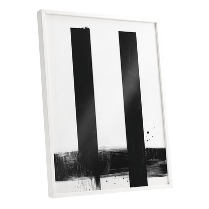 Twin Vertical Silence, black, white minimalist wall art shown as a white framed poster wall art print