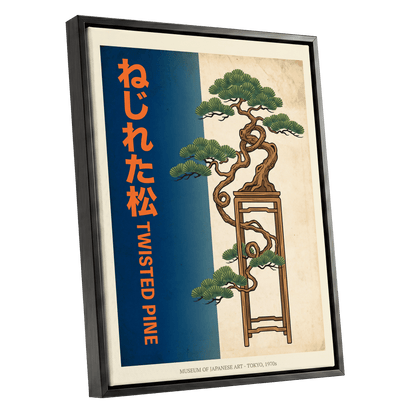 Twisted Pine of Tokyo, blue, orange, green nature wall art shown as a black framed canvas wall art