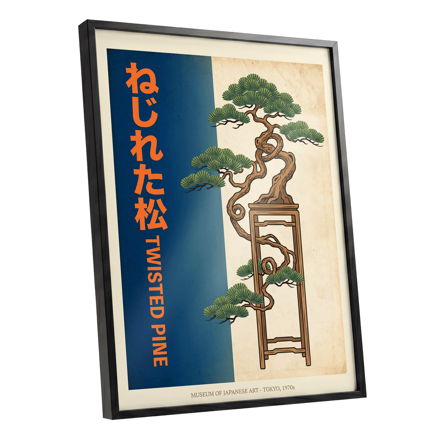 Twisted Pine of Tokyo, blue, orange, green nature wall art shown as a black framed poster wall art print