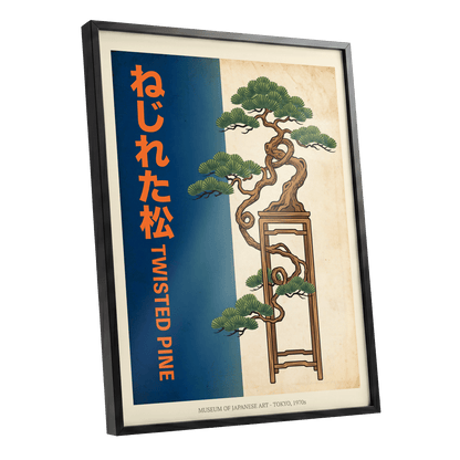 Twisted Pine of Tokyo, blue, orange, green nature wall art shown as a black framed poster wall art print