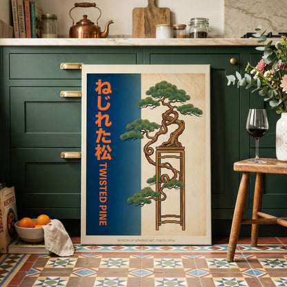 Twisted Pine of Tokyo, blue, orange, green nature wall art on canvas displayed in a styled interior, gallery view 1