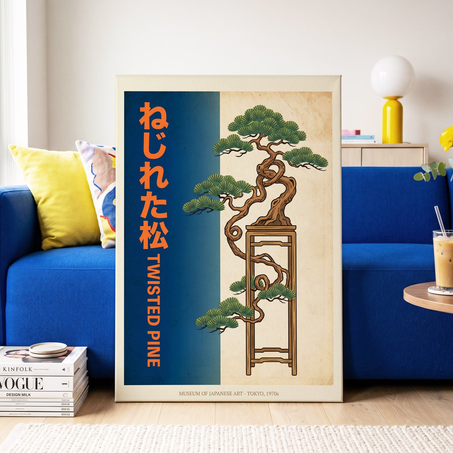 Twisted Pine of Tokyo, blue, orange, green nature wall art on canvas displayed in a styled interior, gallery view 2