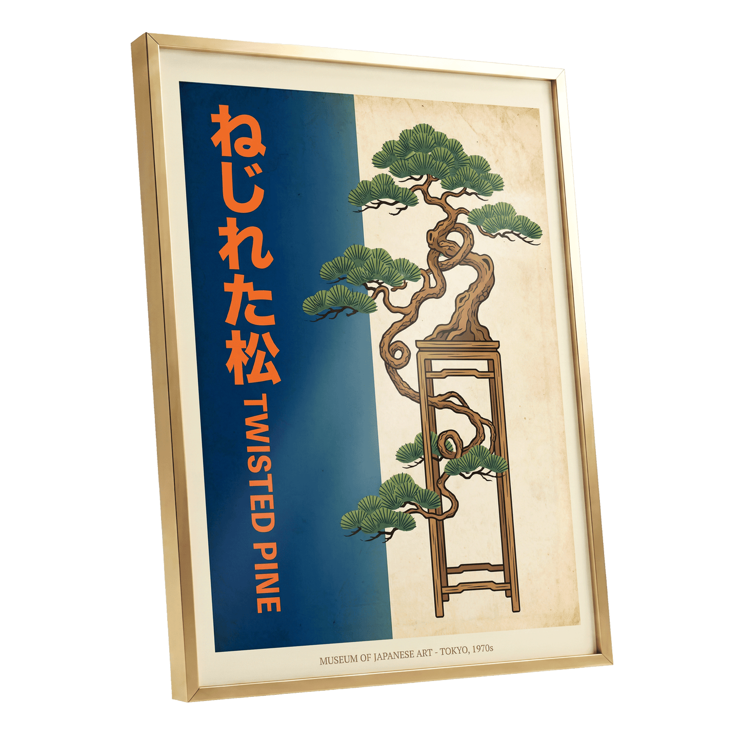 Twisted Pine of Tokyo, blue, orange, green nature wall art shown as a gold framed poster wall art print