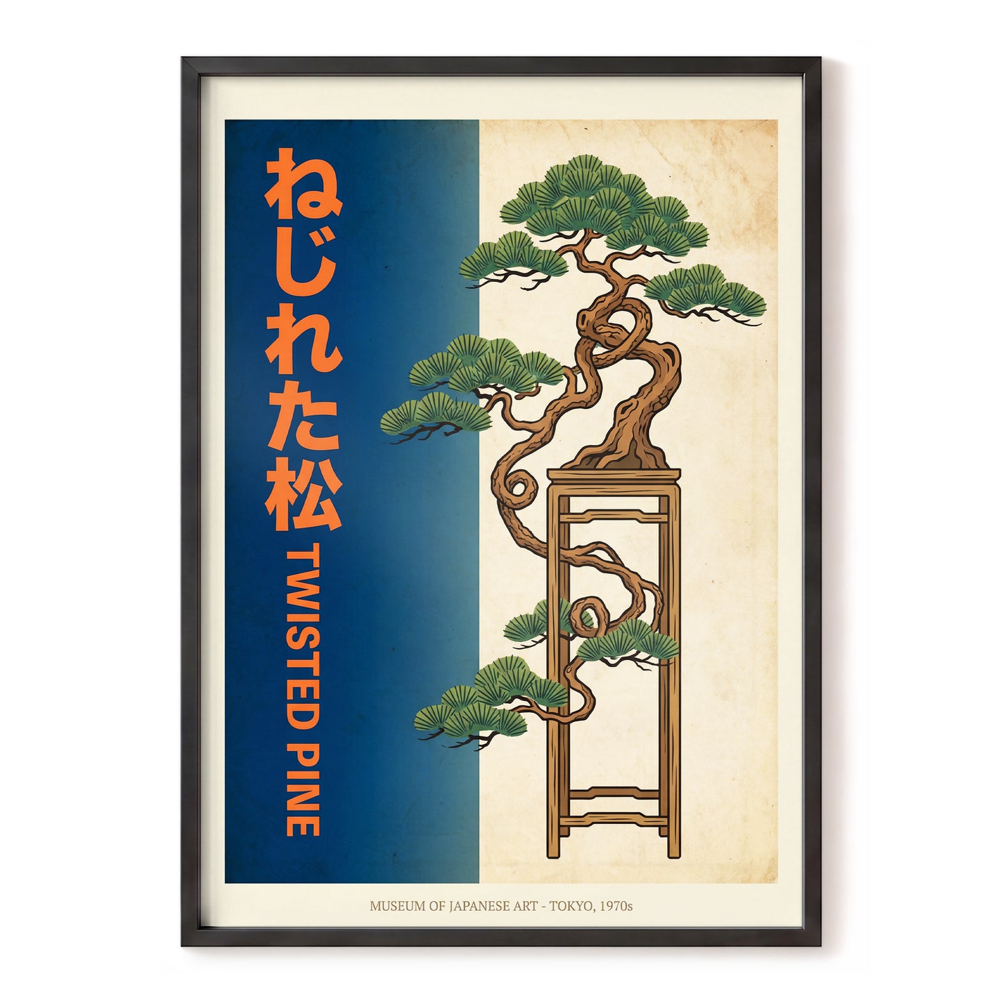 Twisted Pine of Tokyo, blue, orange, green nature wall art, front artwork view