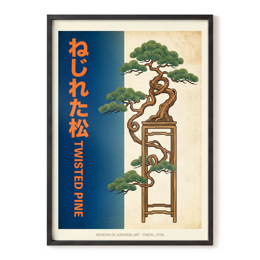 Twisted Pine of Tokyo, blue, orange, green nature wall art, front artwork view