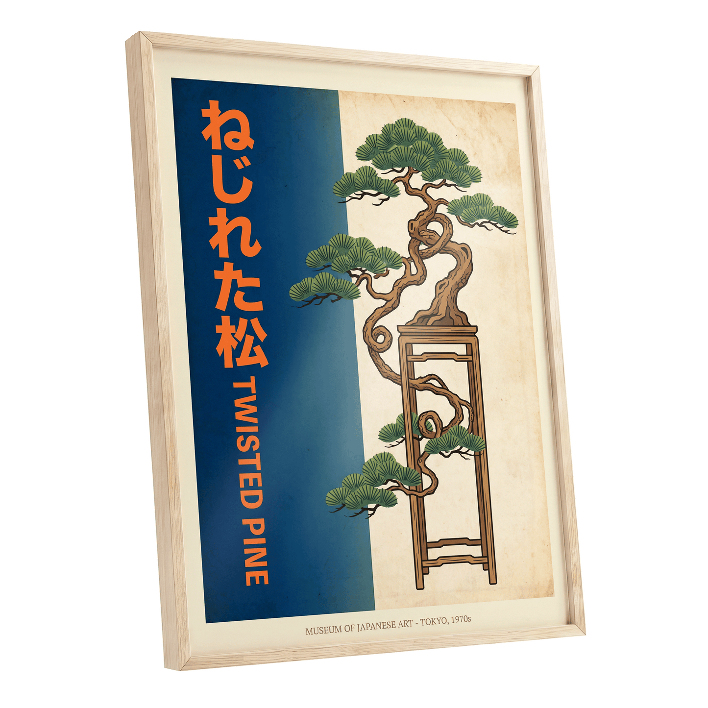 Twisted Pine of Tokyo, blue, orange, green nature wall art shown as a oak framed poster wall art print