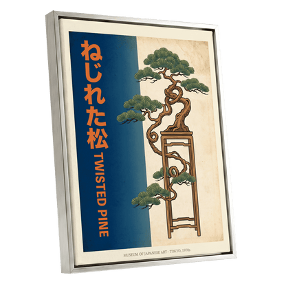 Twisted Pine of Tokyo, blue, orange, green nature wall art shown as a silver framed canvas wall art