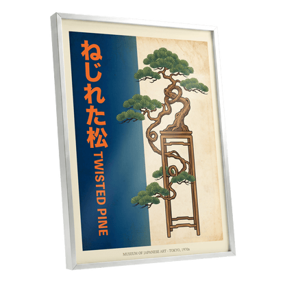 Twisted Pine of Tokyo, blue, orange, green nature wall art shown as a silver framed poster wall art print