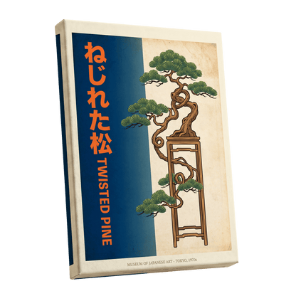 Twisted Pine of Tokyo, blue, orange, green nature wall art shown as a stretched canvas wall art