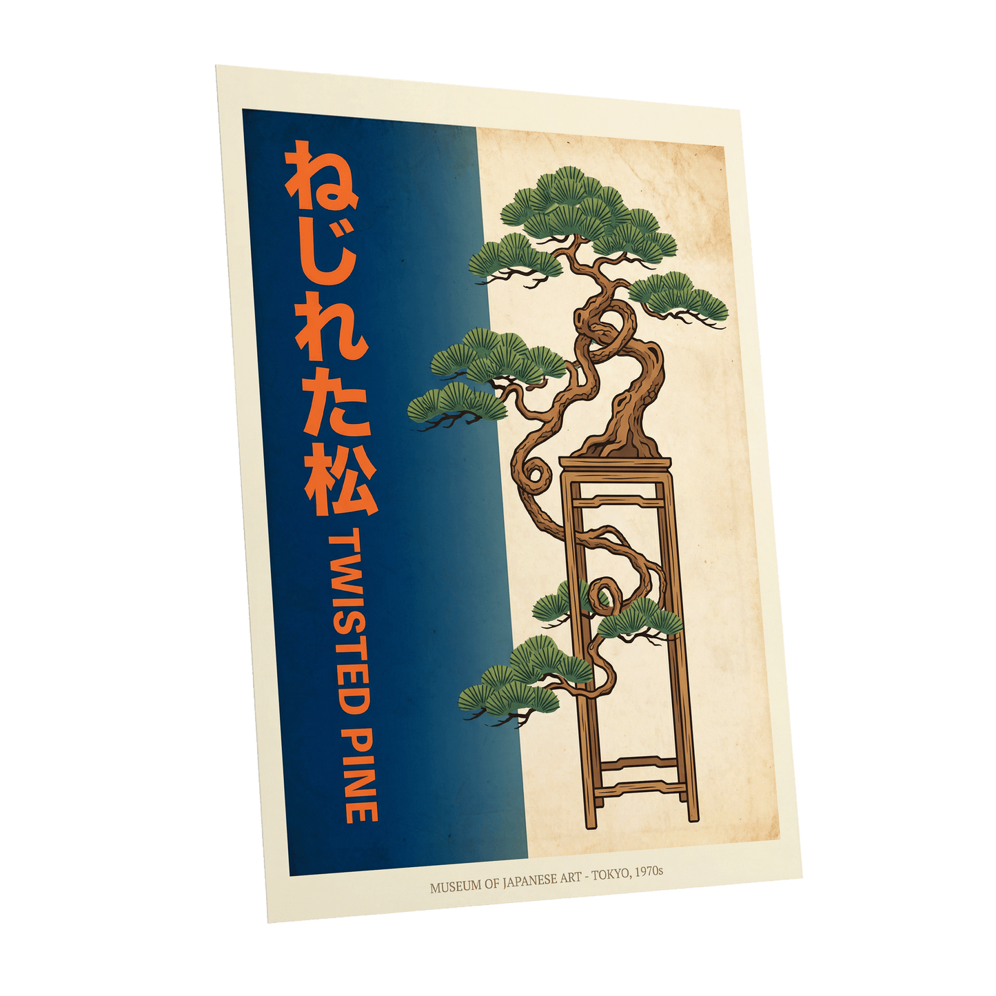 Twisted Pine of Tokyo, blue, orange, green nature wall art shown as a unframed poster wall art print