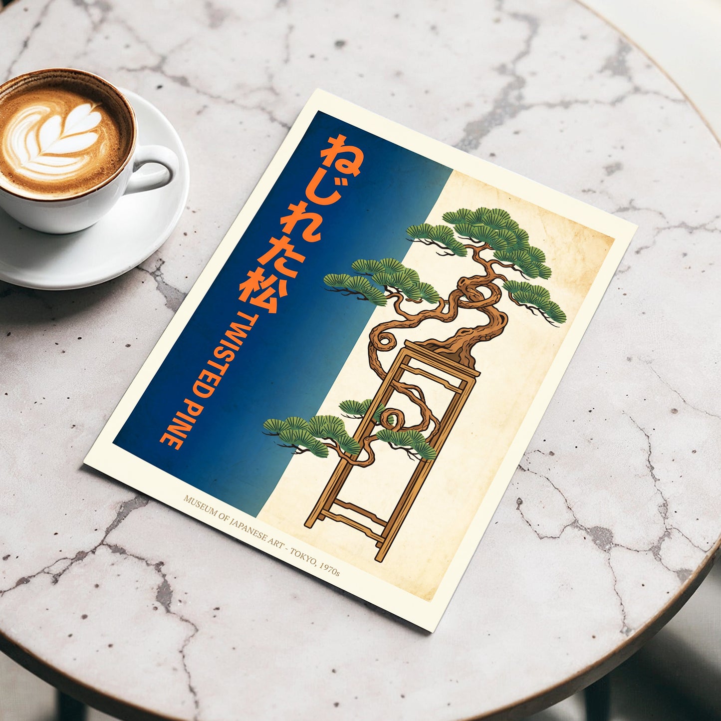 Twisted Pine of Tokyo, blue, orange, green nature wall art displayed in a styled interior, gallery view 3