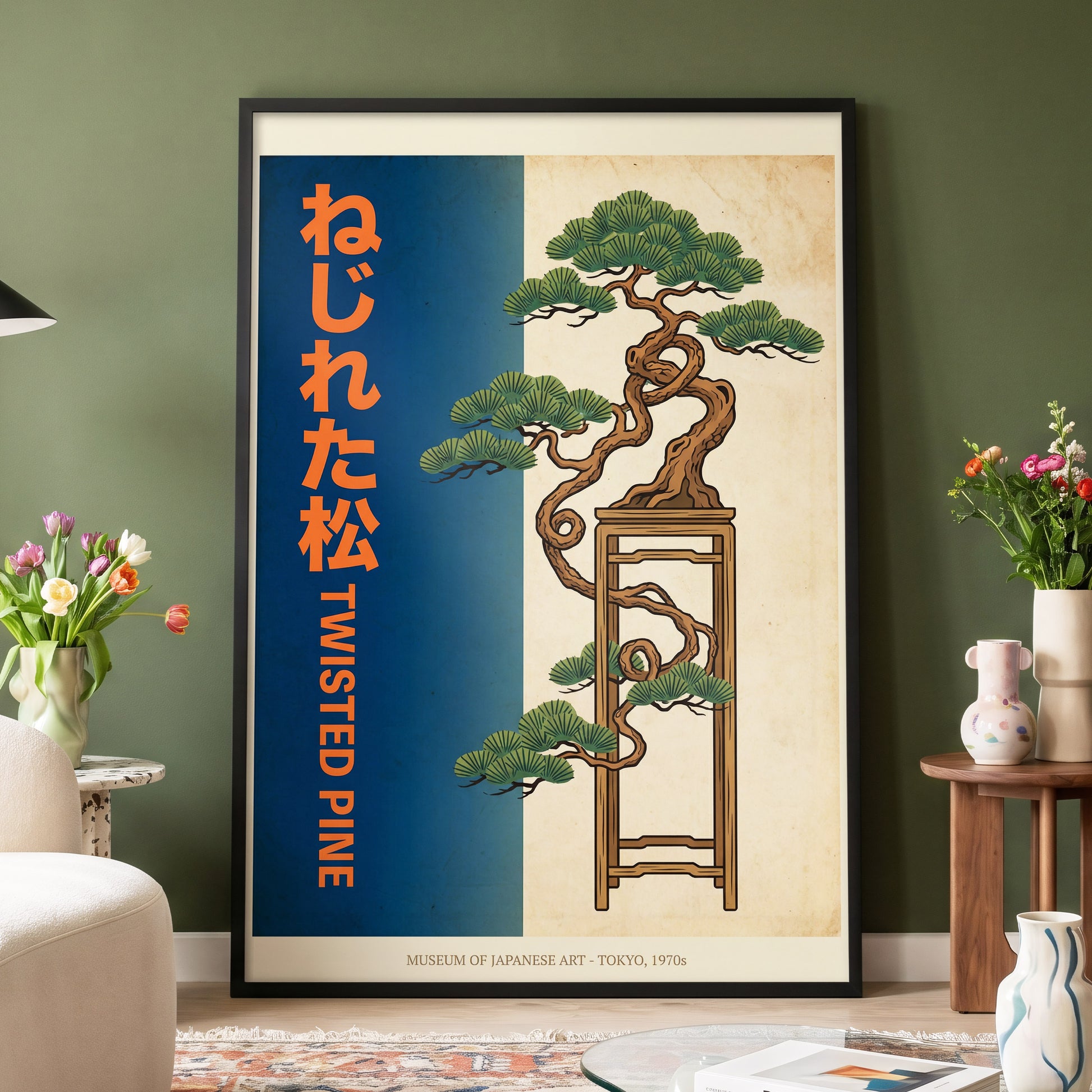 Twisted Pine of Tokyo, blue, orange, green nature wall art displayed in a styled interior, gallery view 4