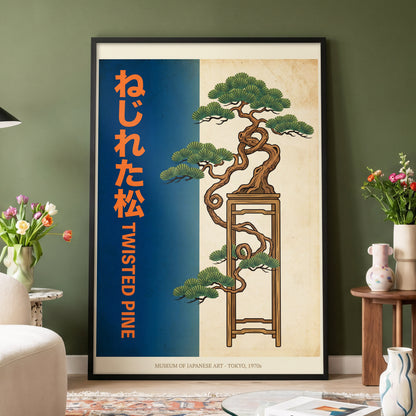 Twisted Pine of Tokyo, blue, orange, green nature wall art displayed in a styled interior, gallery view 4