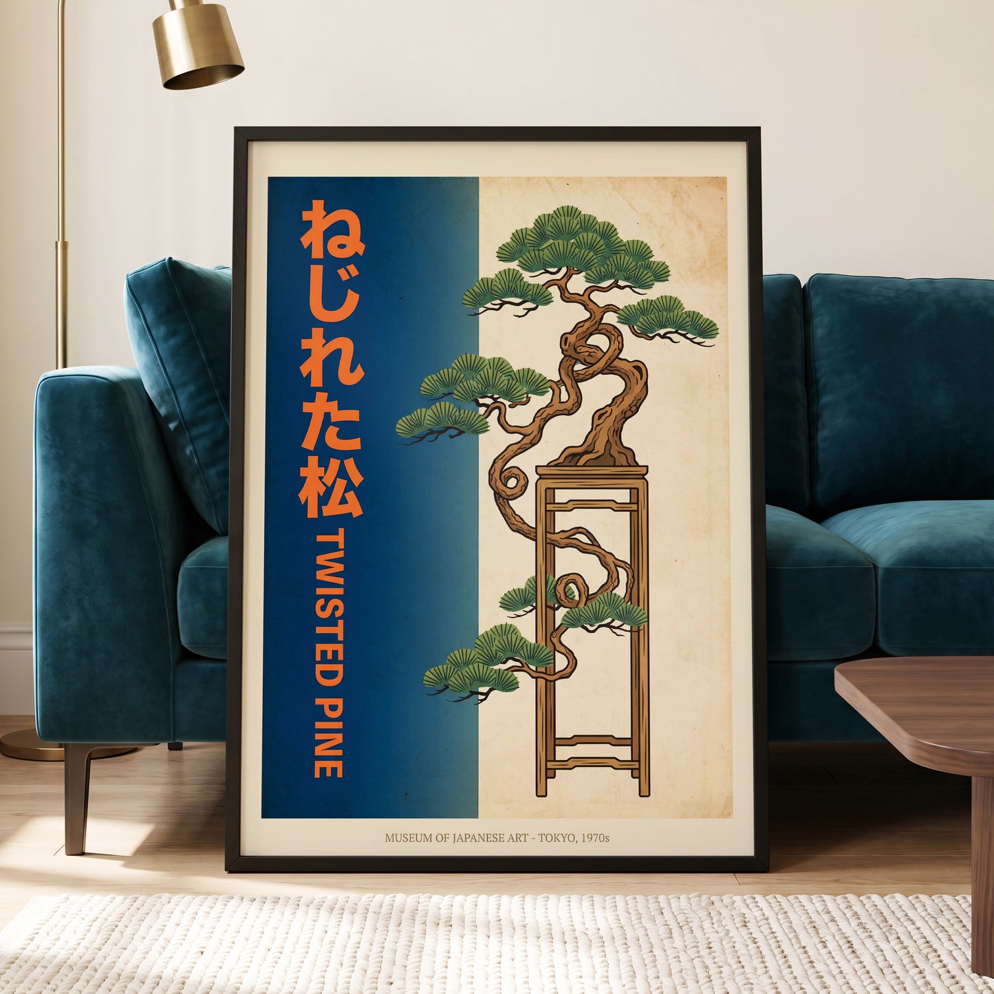 Twisted Pine of Tokyo, blue, orange, green nature wall art displayed in a styled interior, gallery view 6