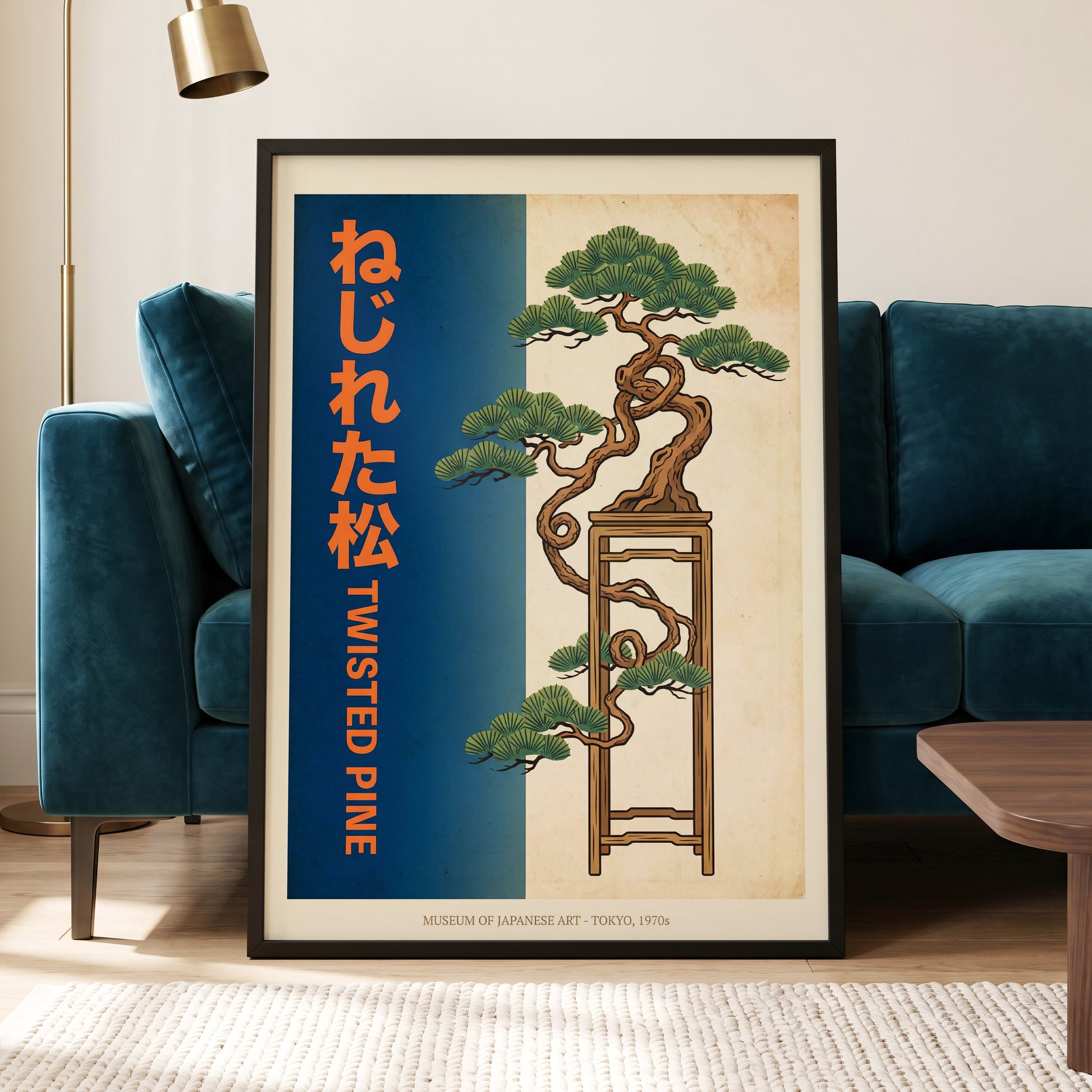 Twisted Pine of Tokyo, blue, orange, green nature wall art displayed in a styled interior, gallery view 6
