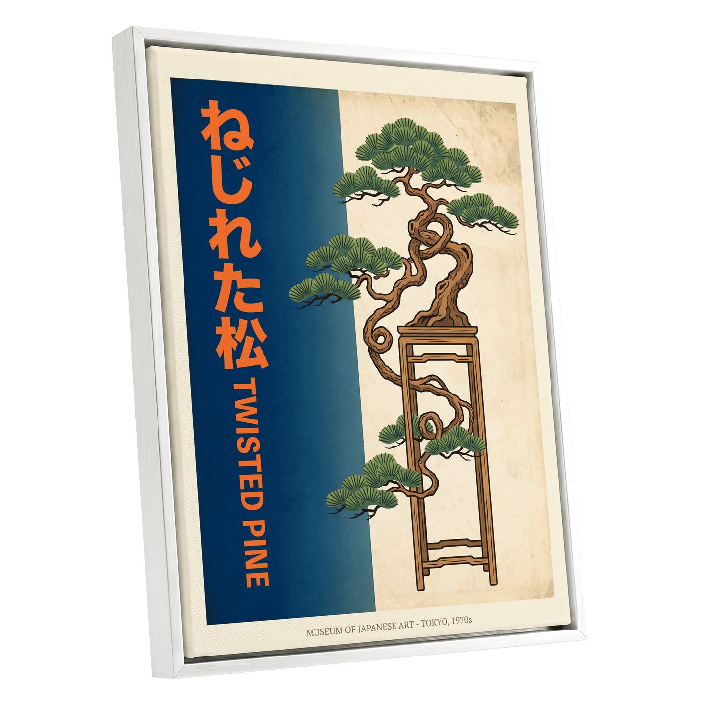 Twisted Pine of Tokyo, blue, orange, green nature wall art shown as a white framed canvas wall art