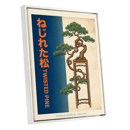 Twisted Pine of Tokyo, blue, orange, green nature wall art shown as a white framed canvas wall art