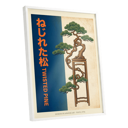 Twisted Pine of Tokyo, blue, orange, green nature wall art shown as a white framed poster wall art print