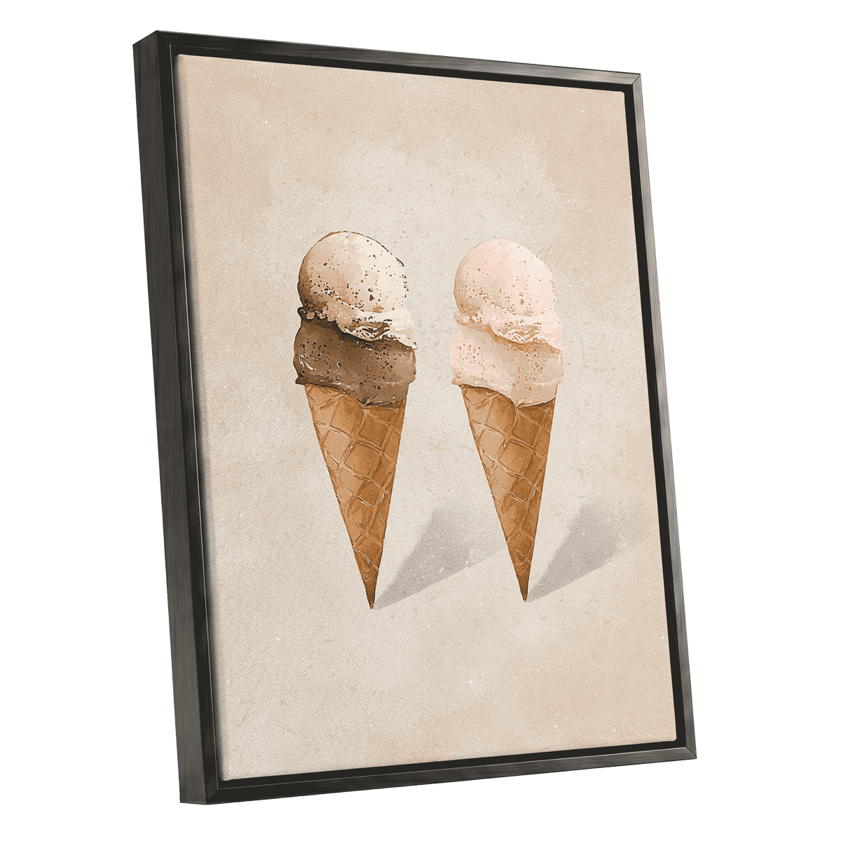 Two Scoops, Side by Side, beige, pink, brown minimalist wall art shown as a black framed canvas wall art