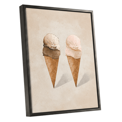 Two Scoops, Side by Side, beige, pink, brown minimalist wall art shown as a black framed canvas wall art