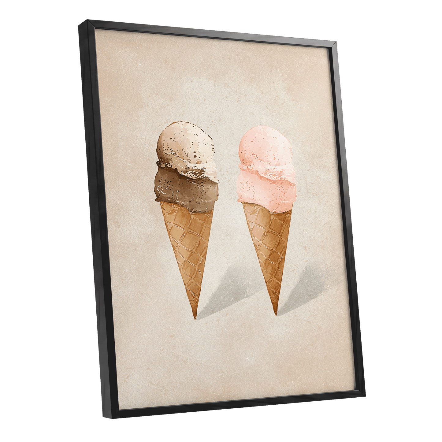 Two Scoops, Side by Side, beige, pink, brown minimalist wall art shown as a black framed poster wall art print