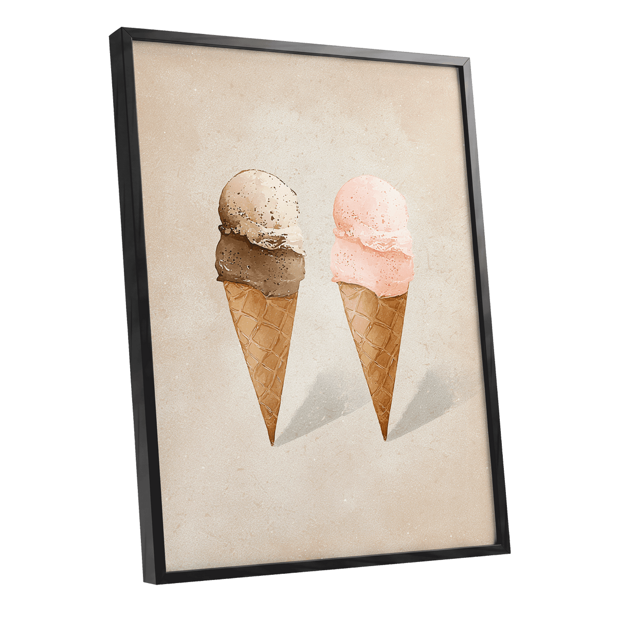 Two Scoops, Side by Side, beige, pink, brown minimalist wall art shown as a black framed poster wall art print