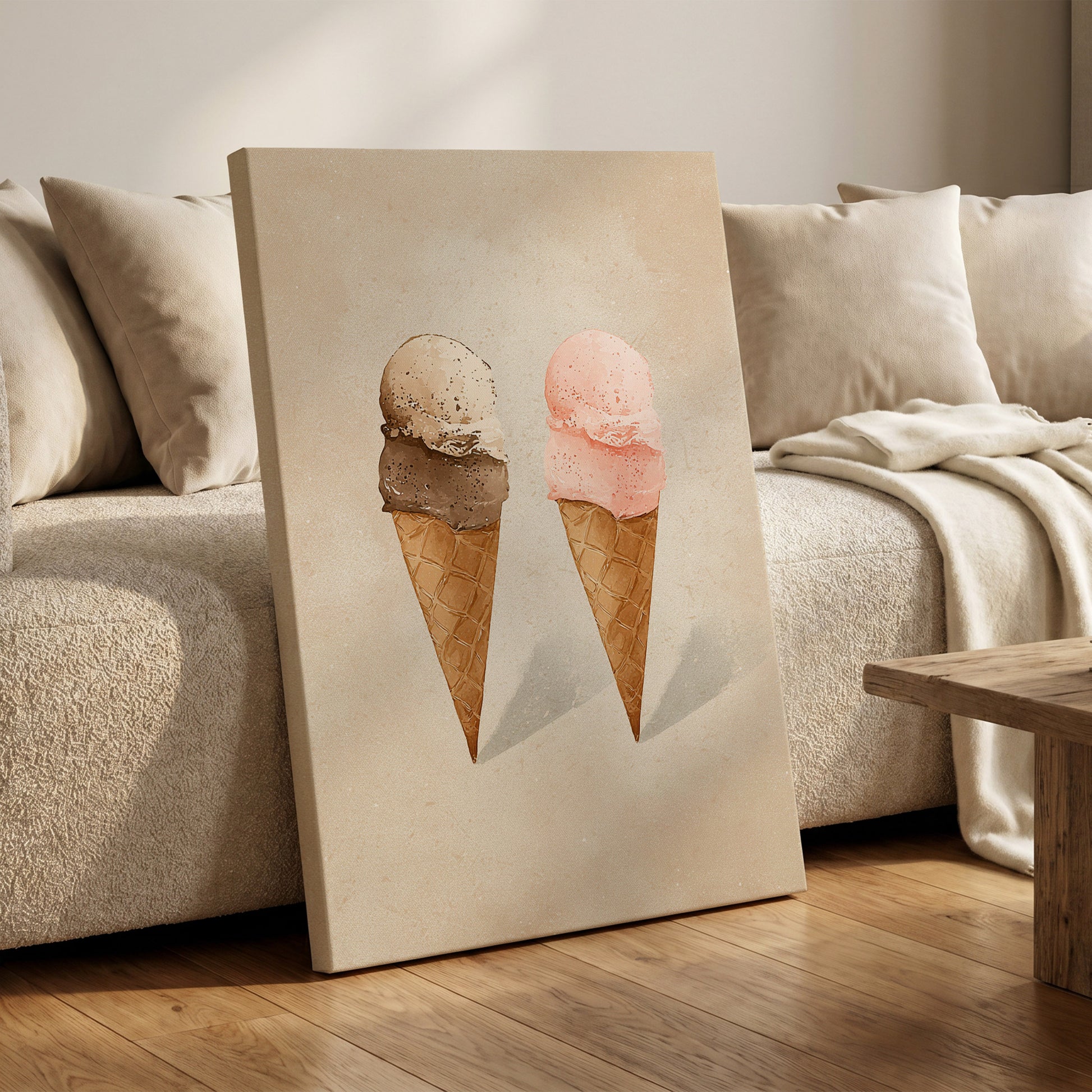 Two Scoops, Side by Side, beige, pink, brown minimalist wall art on canvas displayed in a styled interior, gallery view 1