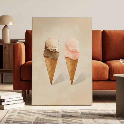 Two Scoops, Side by Side, beige, pink, brown minimalist wall art on canvas displayed in a styled interior, gallery view 2