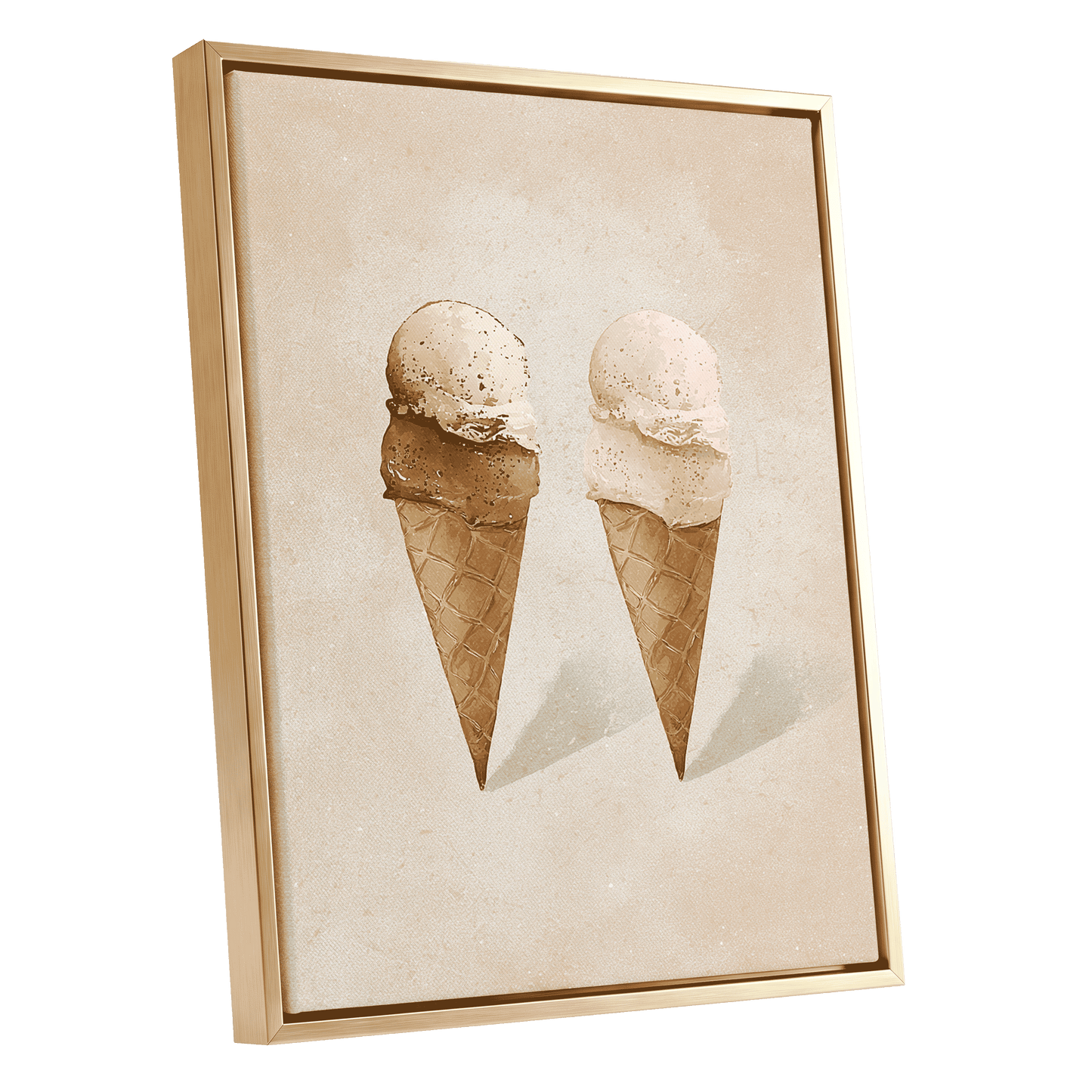 Two Scoops, Side by Side, beige, pink, brown minimalist wall art shown as a gold framed canvas wall art