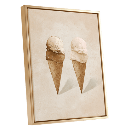 Two Scoops, Side by Side, beige, pink, brown minimalist wall art shown as a gold framed canvas wall art