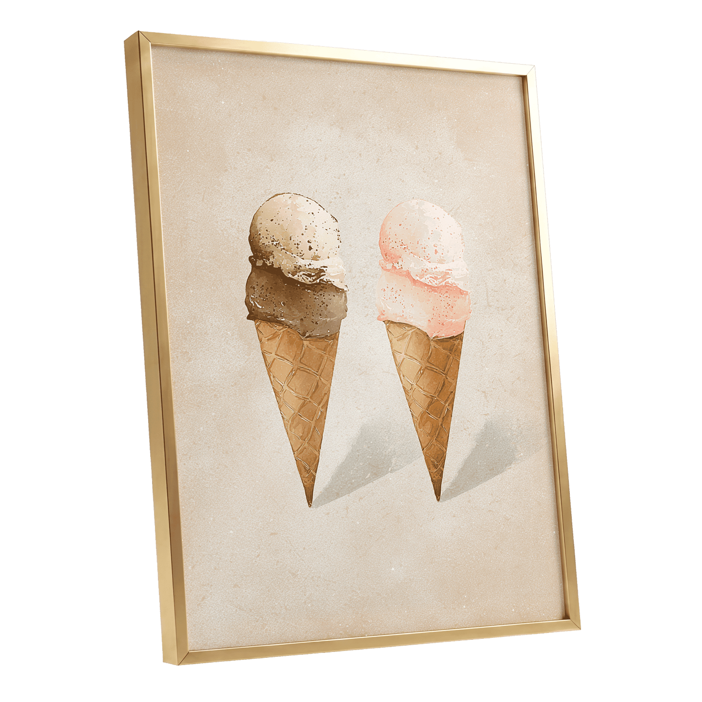 Two Scoops, Side by Side, beige, pink, brown minimalist wall art shown as a gold framed poster wall art print