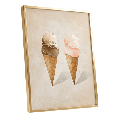 Two Scoops, Side by Side, beige, pink, brown minimalist wall art shown as a gold framed poster wall art print