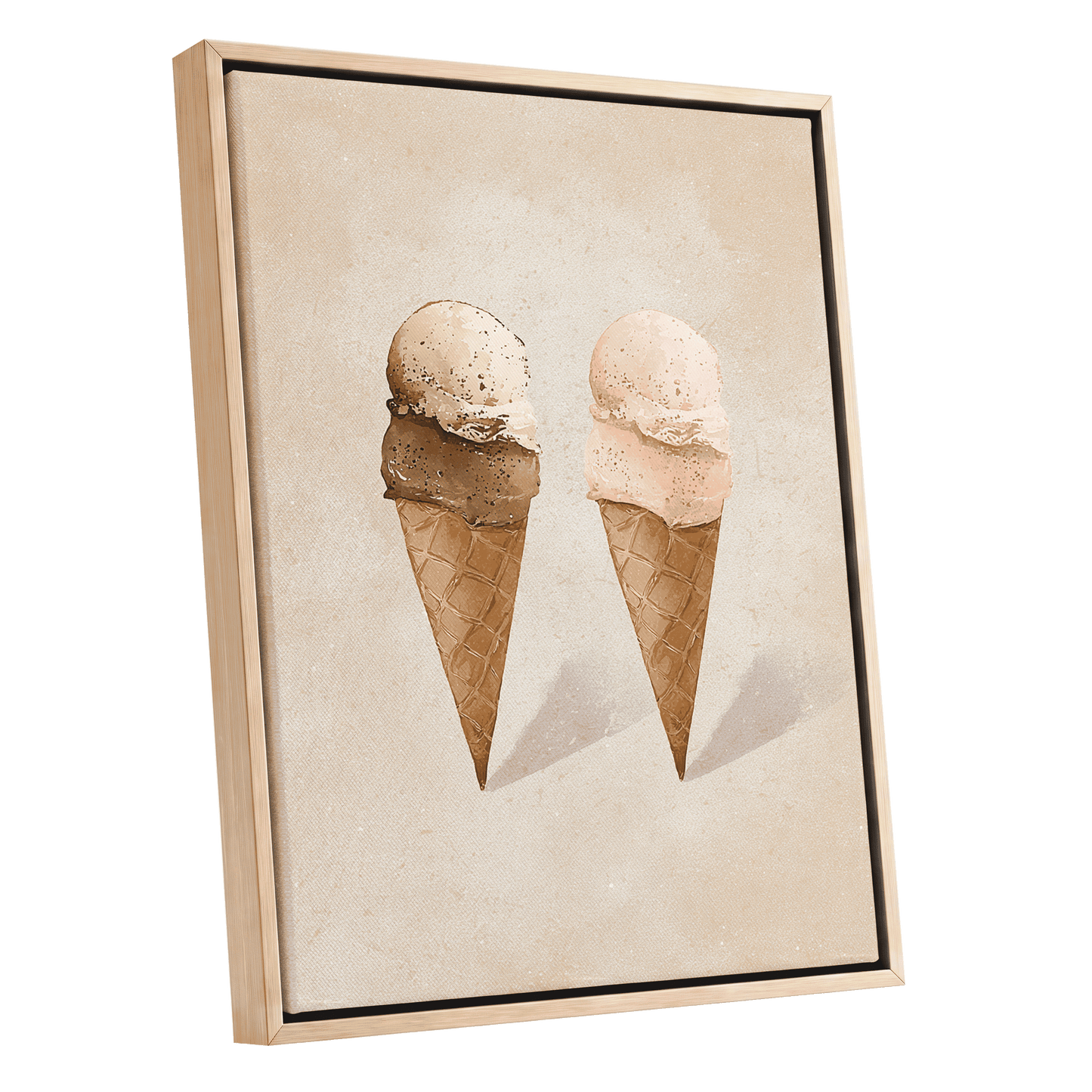 Two Scoops, Side by Side, beige, pink, brown minimalist wall art shown as a oak framed canvas wall art