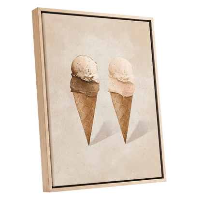 Two Scoops, Side by Side, beige, pink, brown minimalist wall art shown as a oak framed canvas wall art
