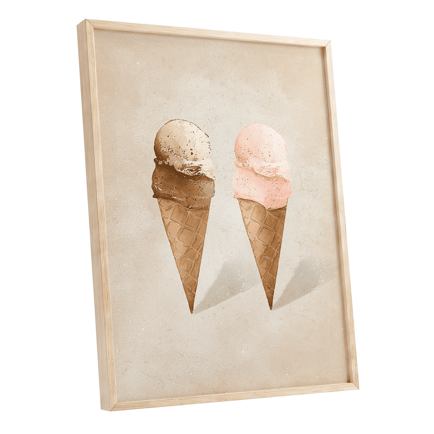 Two Scoops, Side by Side, beige, pink, brown minimalist wall art shown as a oak framed poster wall art print