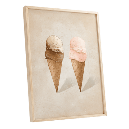 Two Scoops, Side by Side, beige, pink, brown minimalist wall art shown as a oak framed poster wall art print