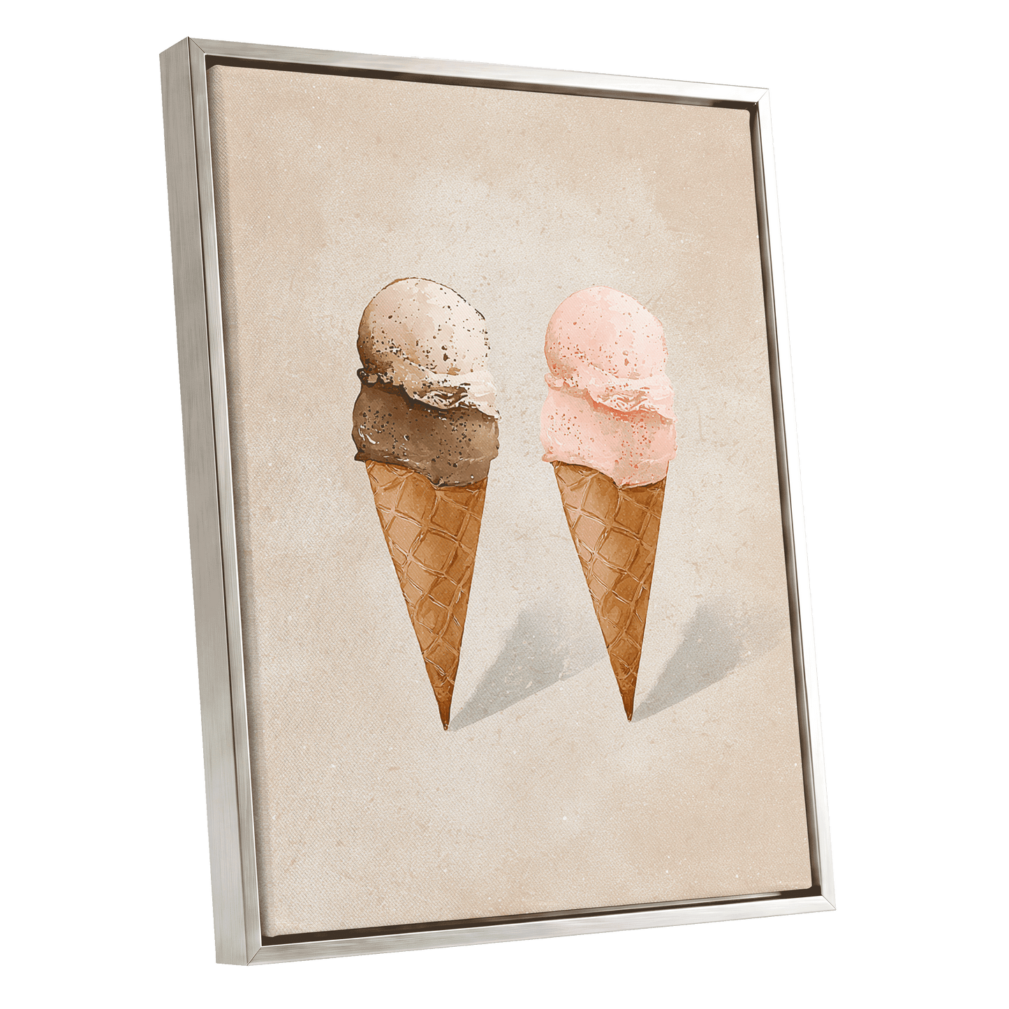 Two Scoops, Side by Side, beige, pink, brown minimalist wall art shown as a silver framed canvas wall art