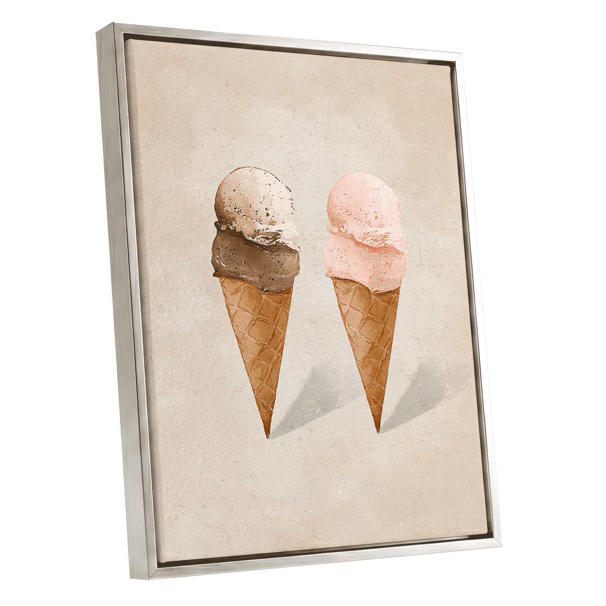 Two Scoops, Side by Side, beige, pink, brown minimalist wall art shown as a silver framed canvas wall art