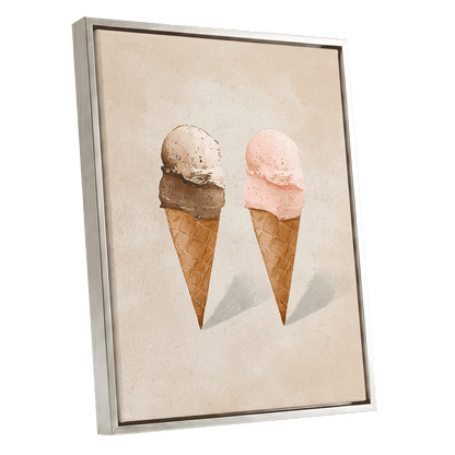 Two Scoops, Side by Side, beige, pink, brown minimalist wall art shown as a silver framed canvas wall art