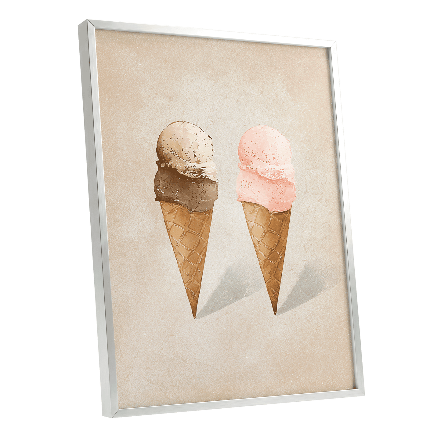 Two Scoops, Side by Side, beige, pink, brown minimalist wall art shown as a silver framed poster wall art print