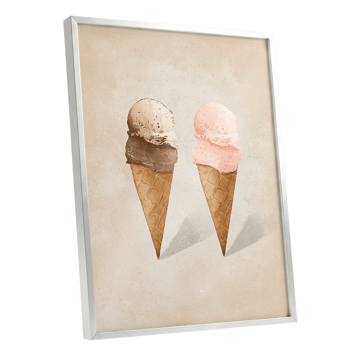 Two Scoops, Side by Side, beige, pink, brown minimalist wall art shown as a silver framed poster wall art print