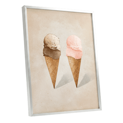 Two Scoops, Side by Side, beige, pink, brown minimalist wall art shown as a silver framed poster wall art print