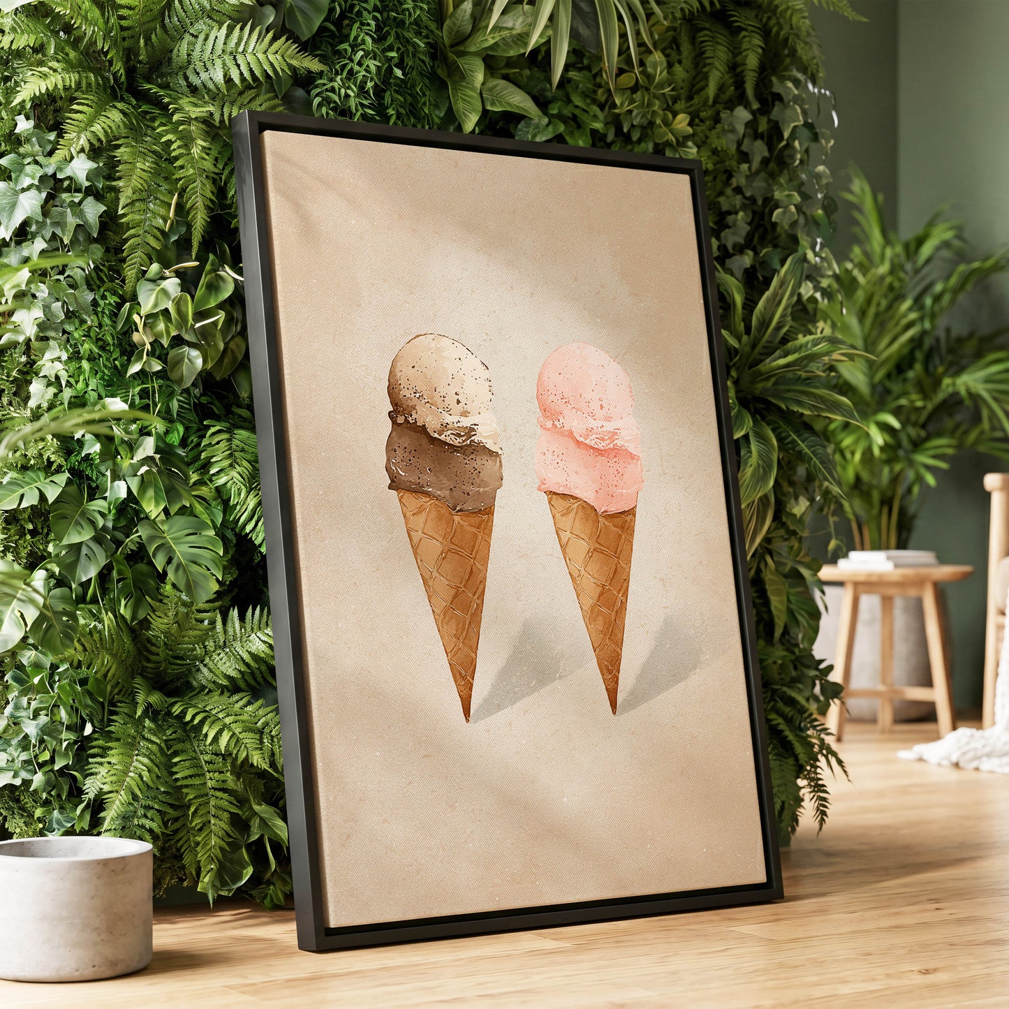 Two Scoops, Side by Side, beige, pink, brown minimalist wall art displayed in a styled interior, gallery view 1