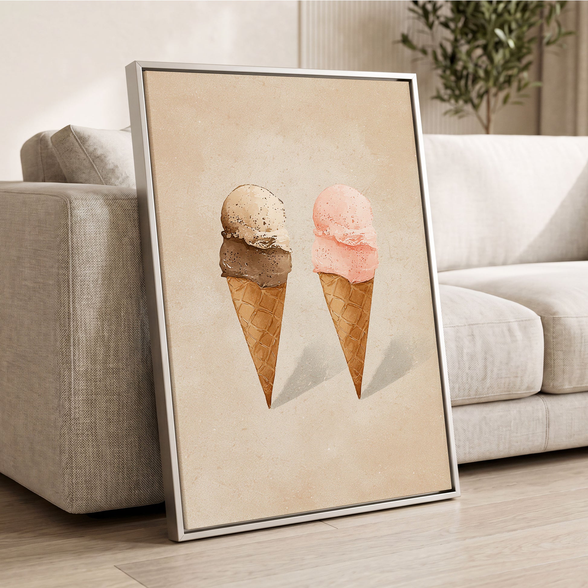 Two Scoops, Side by Side, beige, pink, brown minimalist wall art displayed in a styled interior, gallery view 2