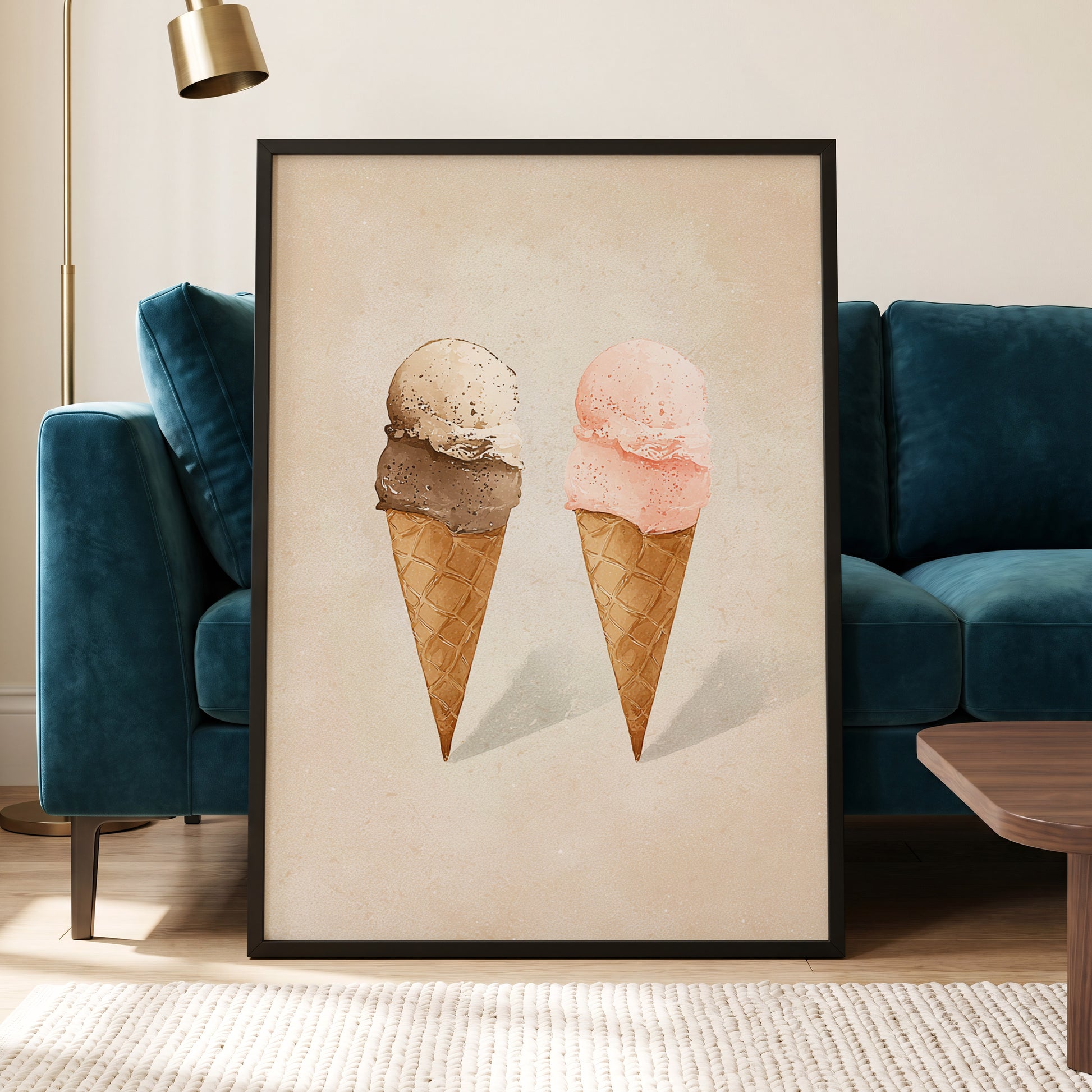 Two Scoops, Side by Side, beige, pink, brown minimalist wall art displayed in a styled interior, gallery view 5